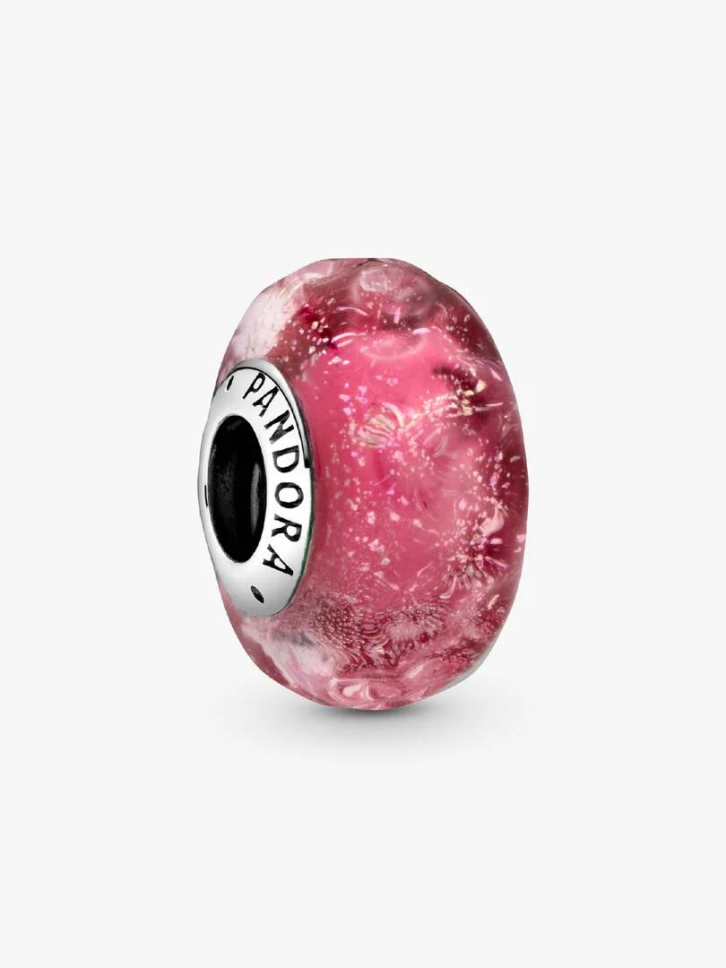 Pink murano glass charm with silver pandora clasp on a white background