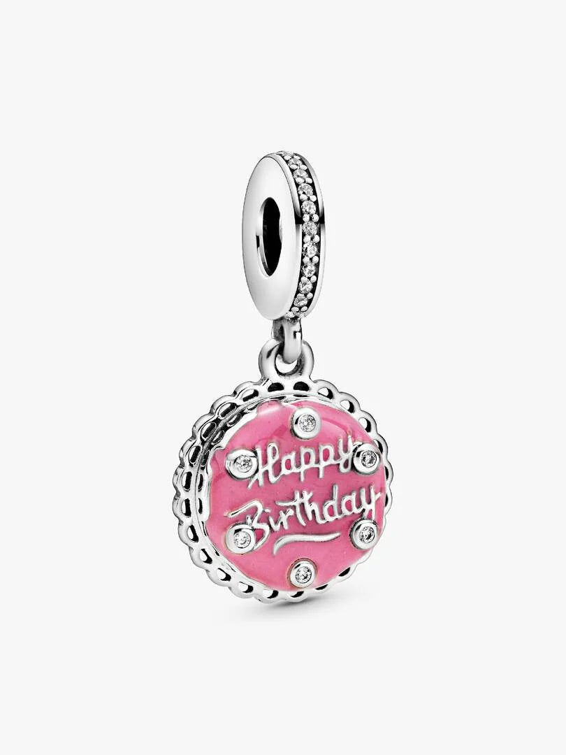 Silver charm with pink enamel 'Happy Birthday' text on a white background