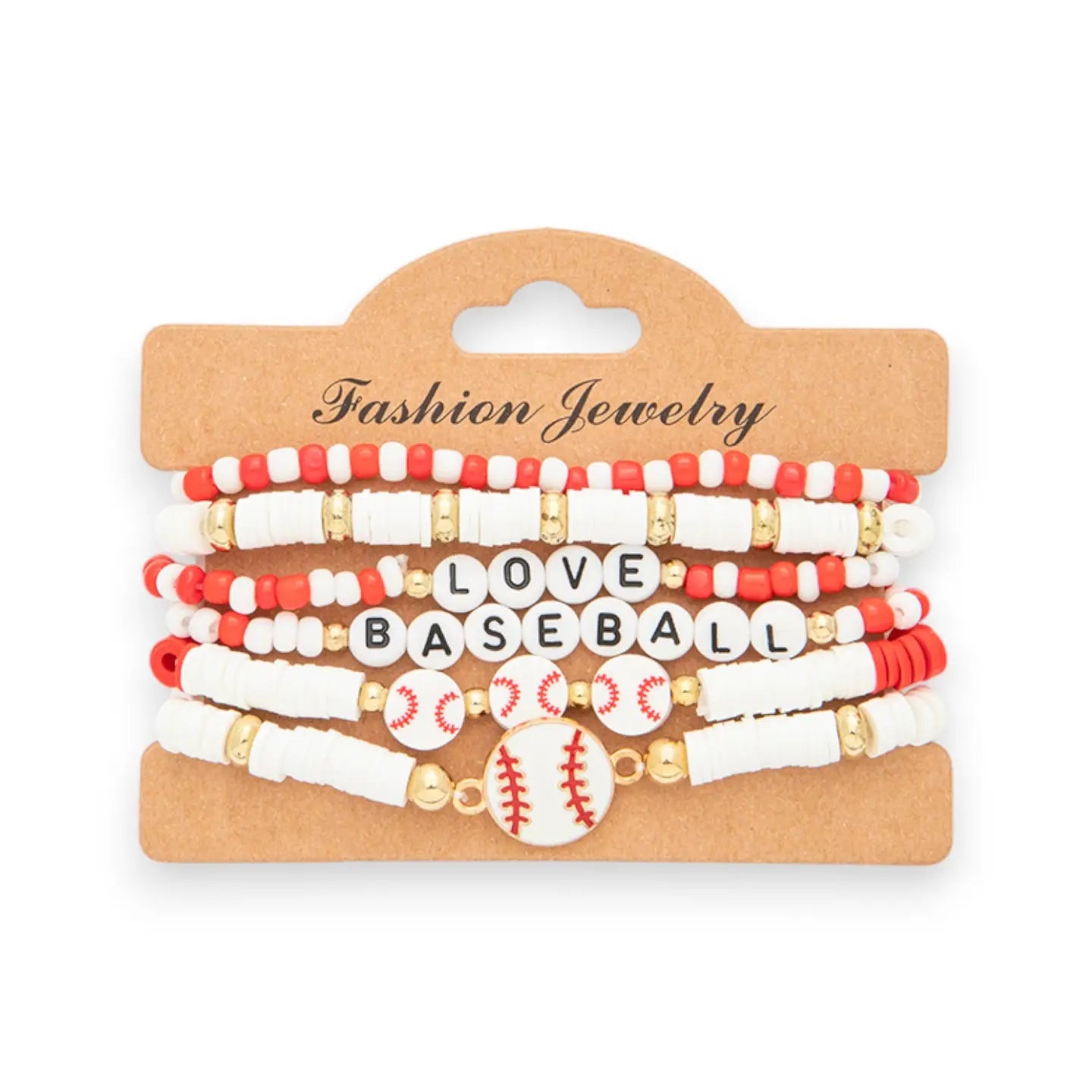 Set of beaded bracelets with 'LOVE BASEBALL' text on a cardboard holder, displayed against a white background.