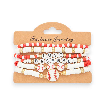 Set of beaded bracelets with 'LOVE BASEBALL' text on a cardboard holder, displayed against a white background.