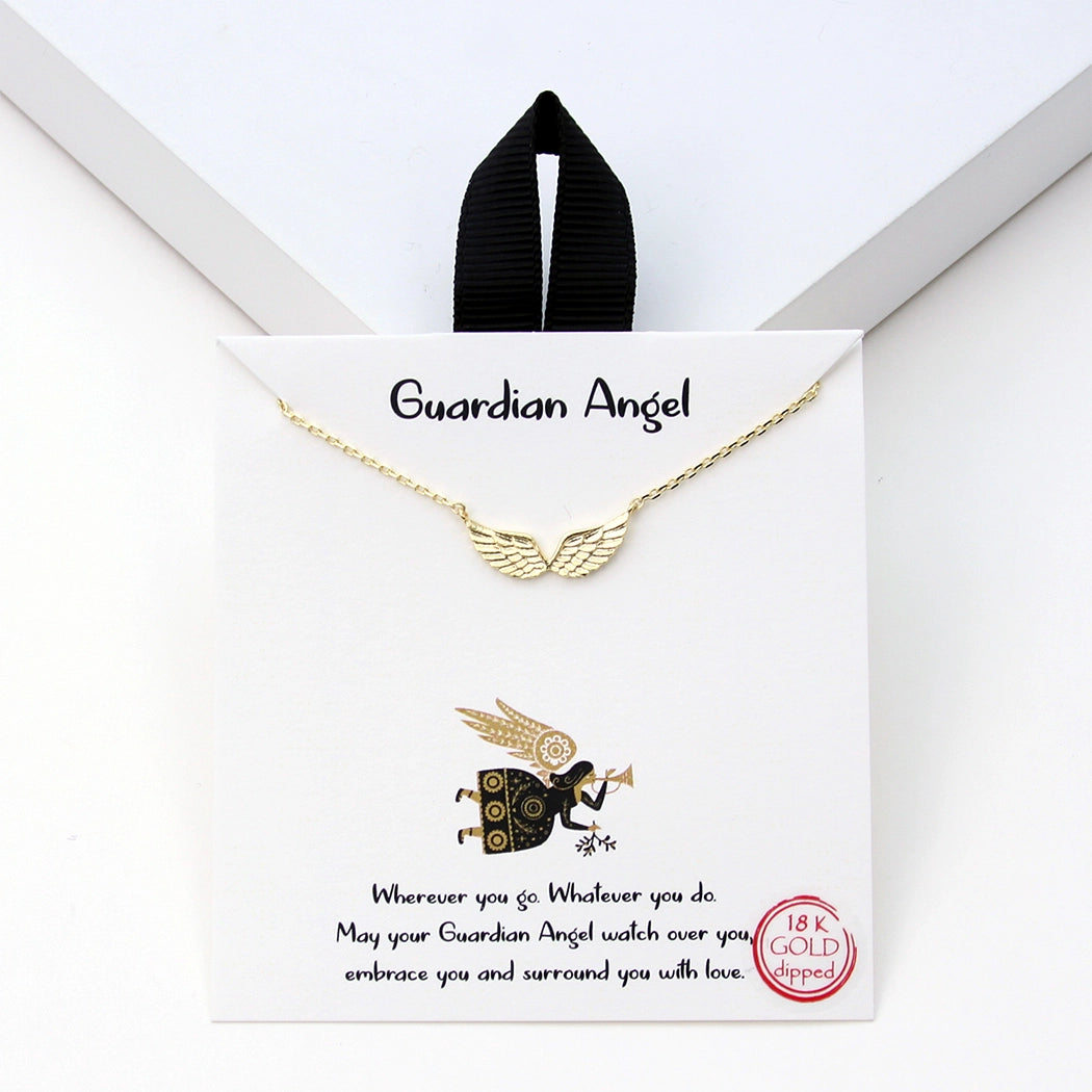 Gold angel necklace on a white card with text and branding