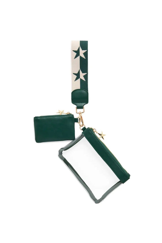 Green cardholder with star pattern strap on a white background
