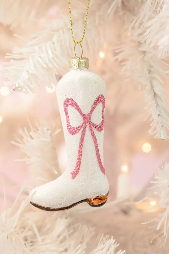 Cowboy Boot Christmas Ornament with Glitter Pink Bow