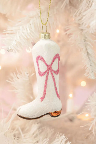 Cowboy Boot Christmas Ornament with Glitter Pink Bow