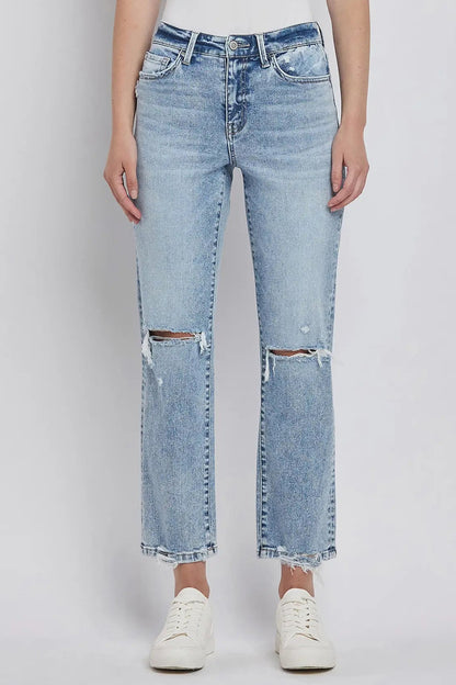 High Rise Distressed Crop Straight Jeans