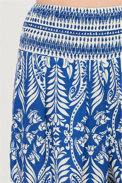 Blue and white patterned skirt on a white background