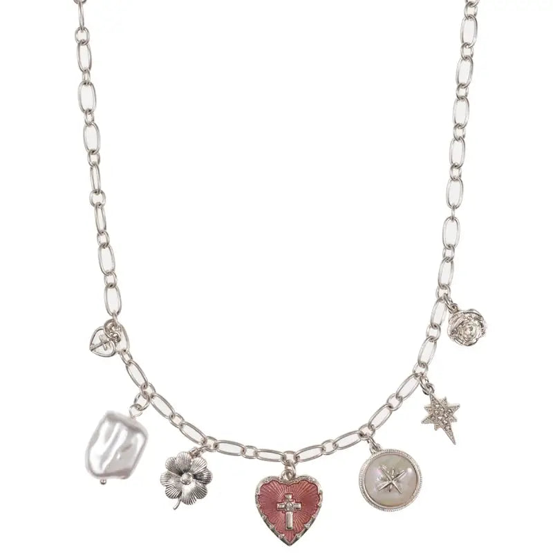 Necklace with various charms on a white background