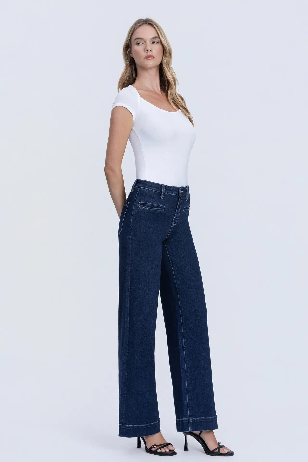 High Rise Front Welt Pocket Wide Leg Jeans