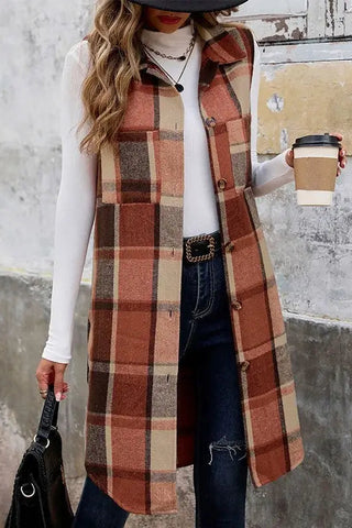 Sleeveless Plaid Vest with Lapel