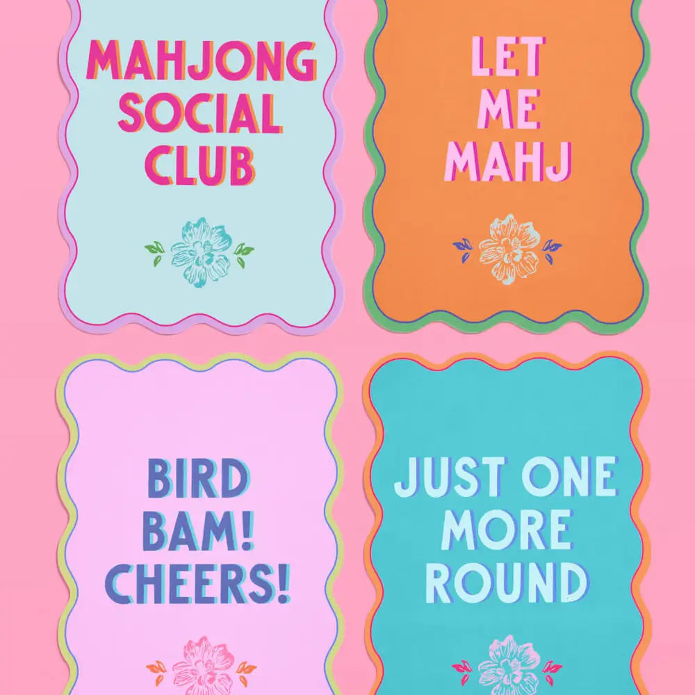 Four colorful decorative cards arranged in a 2x2 grid on a pink background. The cards read 'MAHJONG SOCIAL CLUB,' 'LET ME MAHJ,' 'BIRD BAM! CHEERS!,' and 'JUST ONE MORE ROUND,' with pastel colors and small floral illustrations.