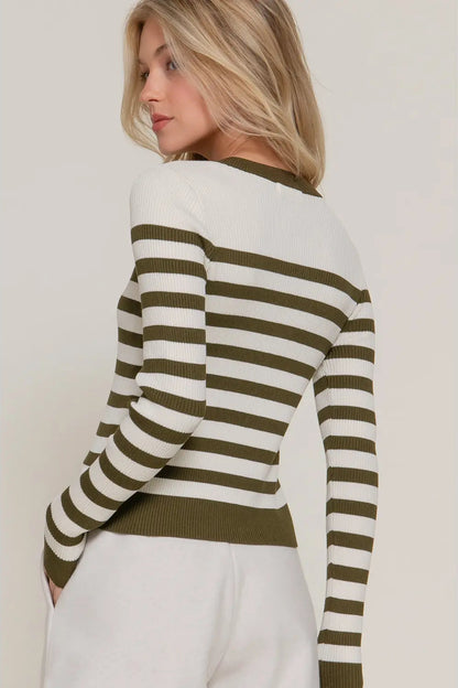 A woman wearing a fitted long-sleeve knit sweater with horizontal olive green and off-white stripes, shown from the back against a plain light beige studio background.