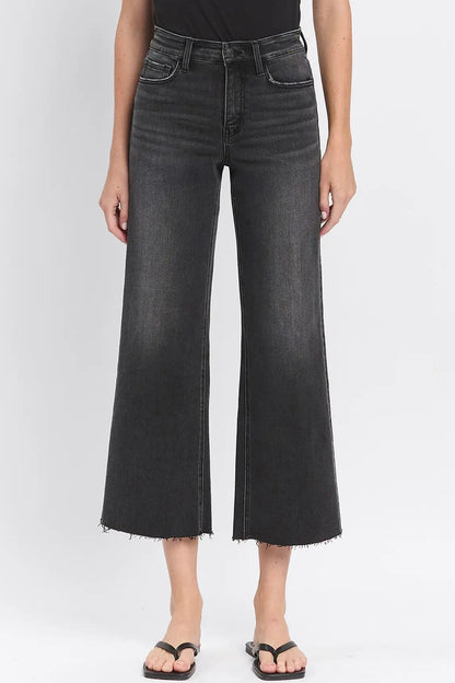 High Rise Clean Cut Raw Hem Crop Wide Leg Jeans