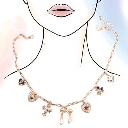 Charm Necklace-Porcelain Floral Bow Cross Heart