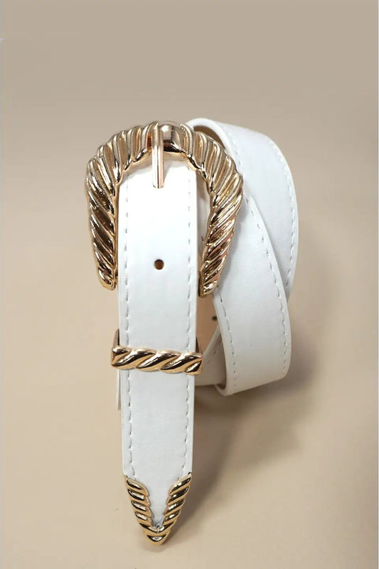 White belt with gold buckle on a beige background