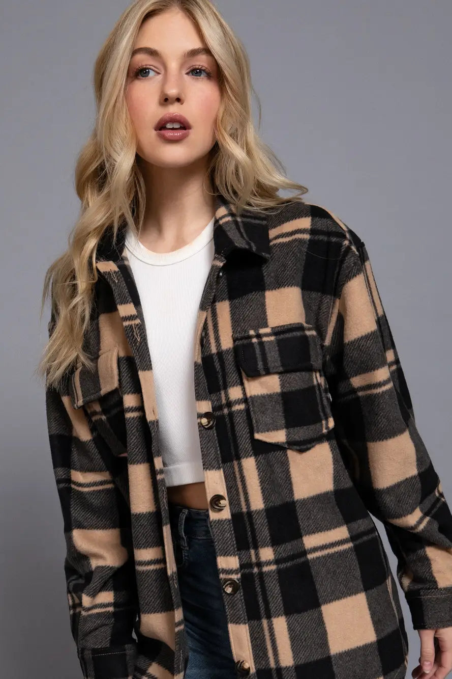 woman in plaid shacket