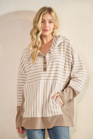 Stripe and Solid Contrast Hoodie
