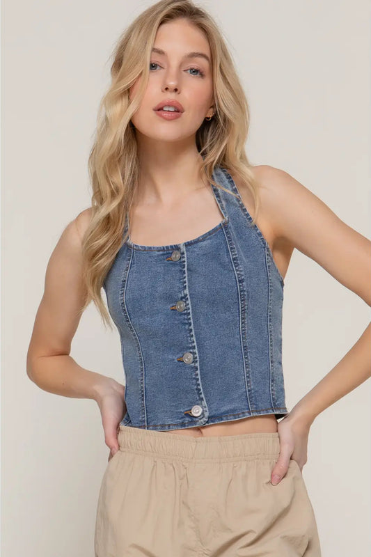 Stretch Denim Halter Top