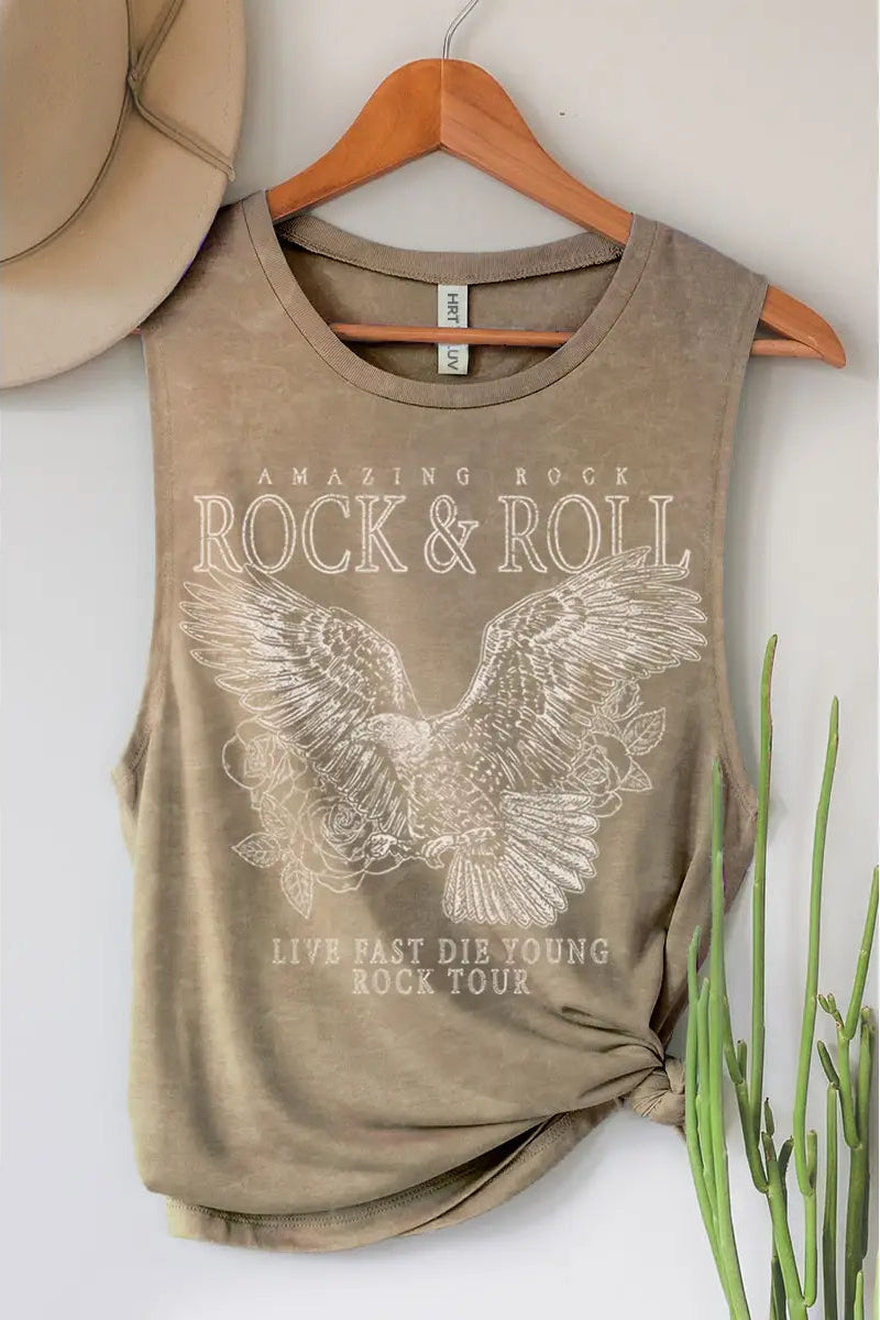 Beige tank top with eagle design and text on a hanger against a white background
