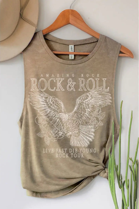 Beige tank top with eagle design and text on a hanger against a white background