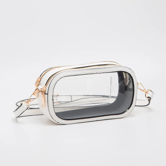 Clear pouch with gold zipper on a white background