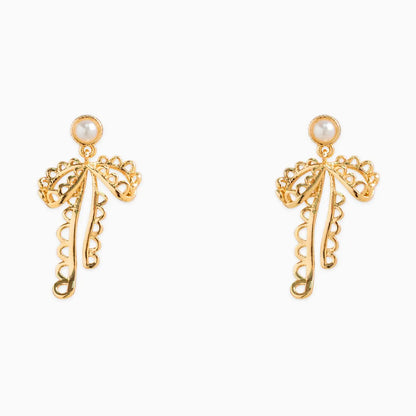 bow lace earrings with pearl stud on white background