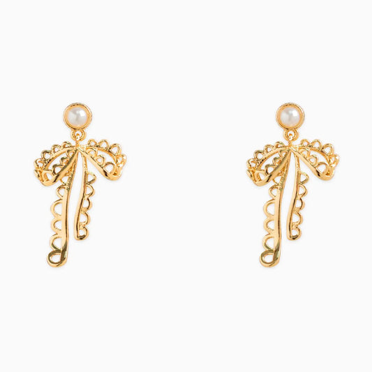 bow lace earrings with pearl stud on white background