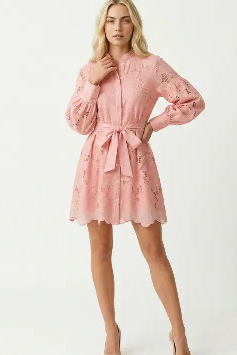 Woman wearing a pink dress with floral lace details on a white background