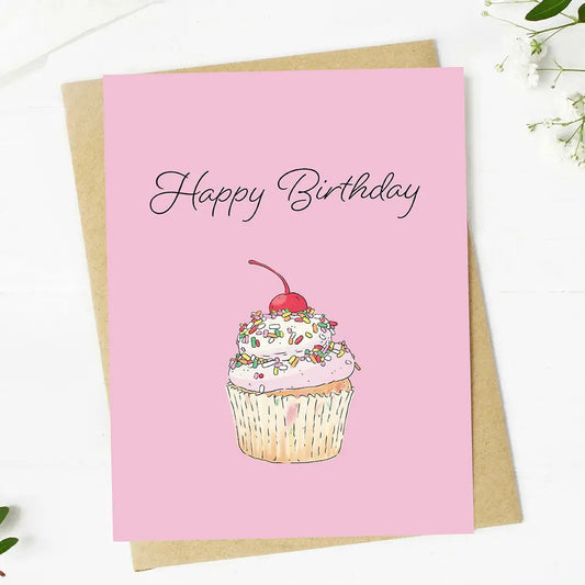 Birthday card with a cupcake illustration and 'Happy Birthday' text on a pink background.