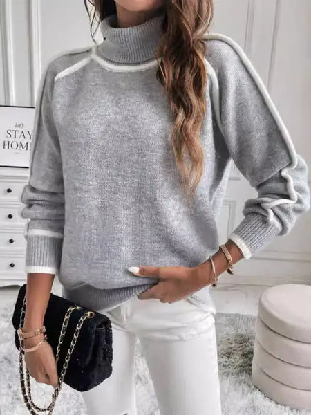 Contrast Color High Neck Sweater