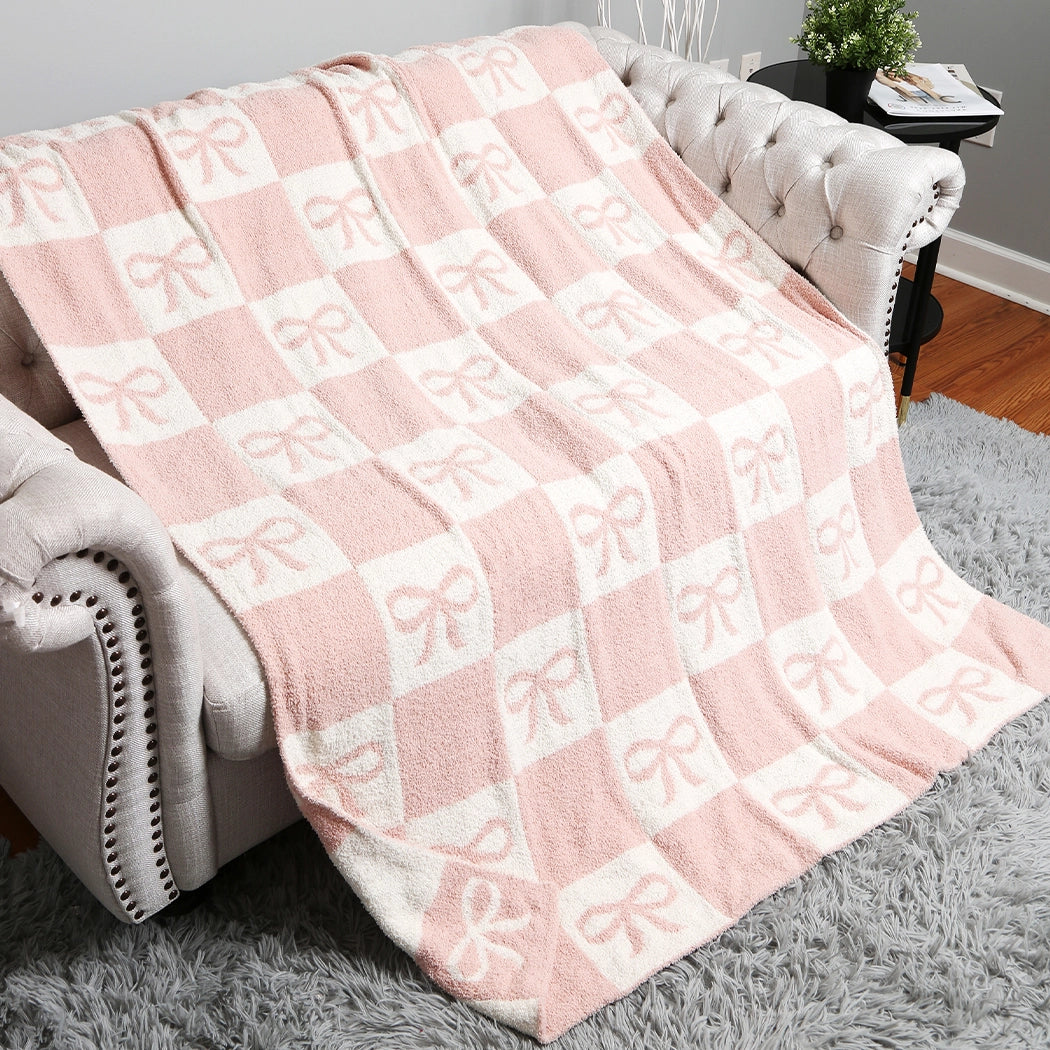 Ribbon and Checkered Cozy Soft Throw Blanket