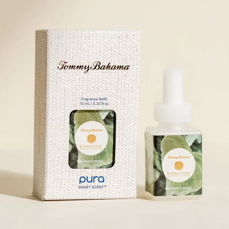 Tommy Bahama fragrance refill set by Pura Smart Scent, featuring a textured off-white box and a small square bottle with a white dropper cap, both labeled with green leaf imagery and the Tommy Bahama brand name.
