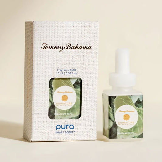 Tommy Bahama fragrance refill set by Pura Smart Scent, featuring a textured off-white box and a small square bottle with a white dropper cap, both labeled with green leaf imagery and the Tommy Bahama brand name.