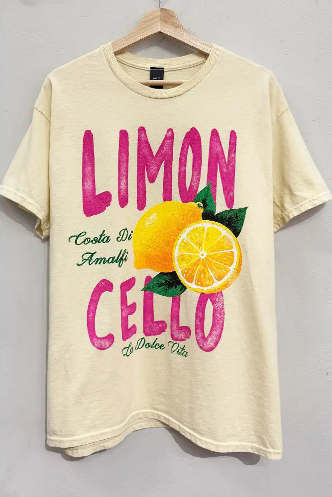 Beige t-shirt with lemon graphic and text on a gray background