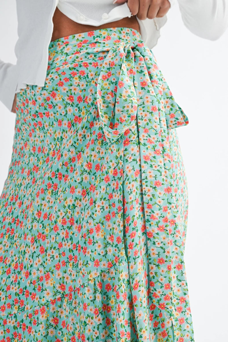 Floral patterned skirt with a white background