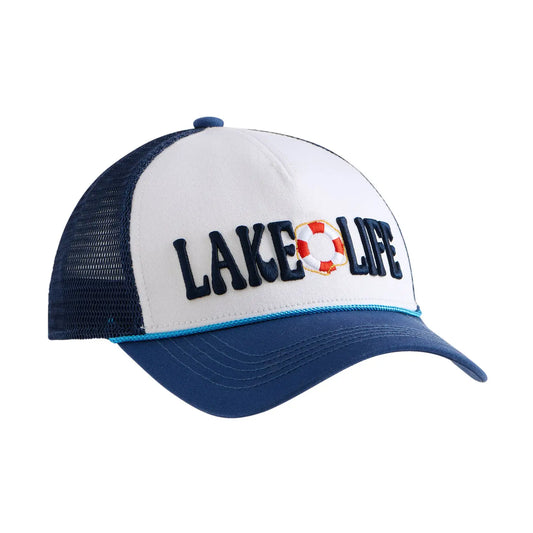 Blue and white cap with 'Lake Life' text on a white background