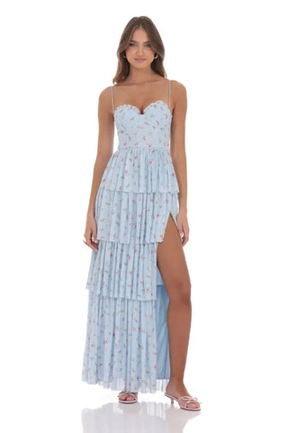 Floral Mesh Ruffle Maxi Dress