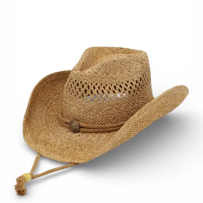 Brown straw cowboy hat with a decorative band on a white background
