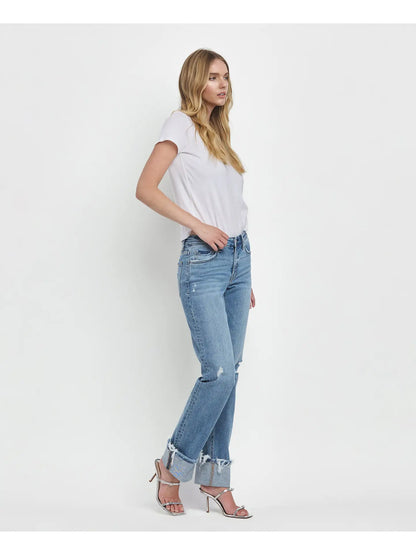 Mid Rise Cuffed Straight Jeans