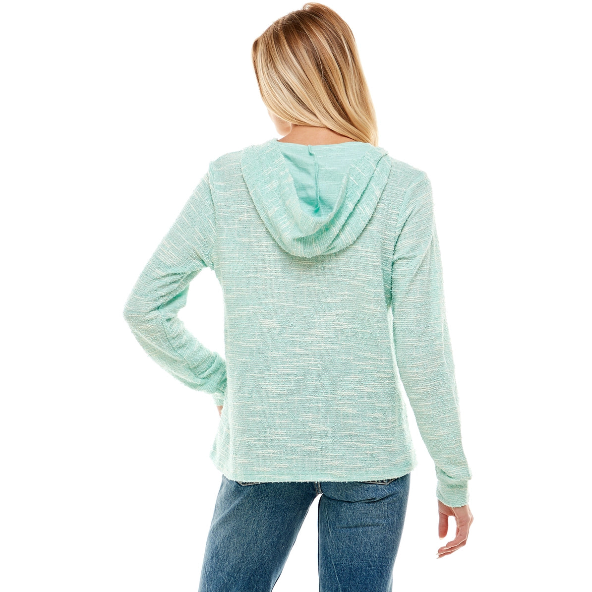 Person wearing a light blue hoodie on a white background