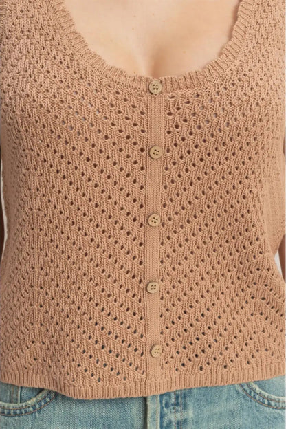Brown knitted vest with button details on a white background