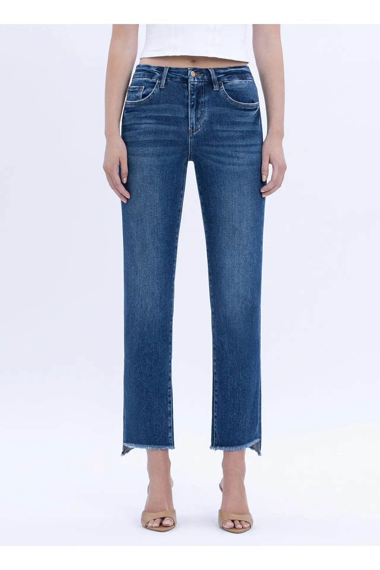 High Rise Raw Slant Hem Slim Straight Jeans