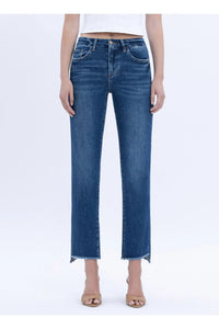 High Rise Raw Slant Hem Slim Straight Jeans