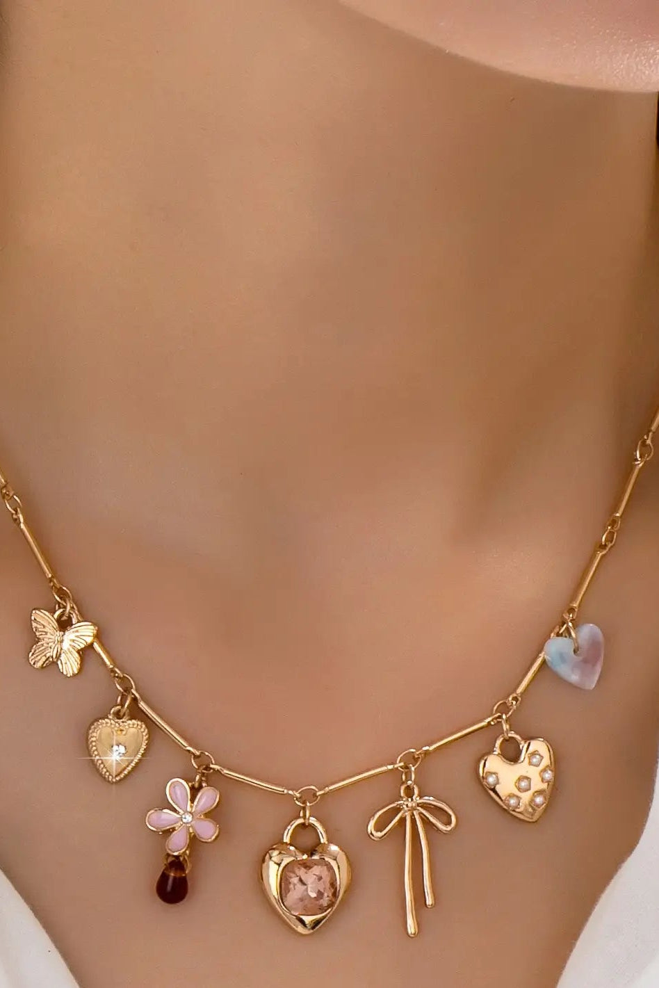 Charm Necklace-Hearts Flower Bow Butterfly