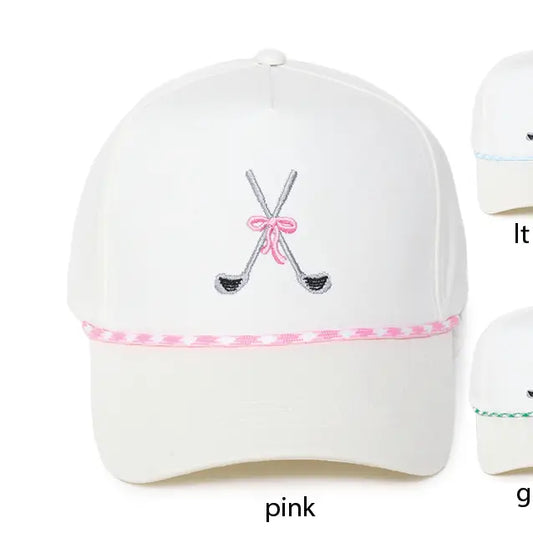 baseball hat with golf clubs on the front 