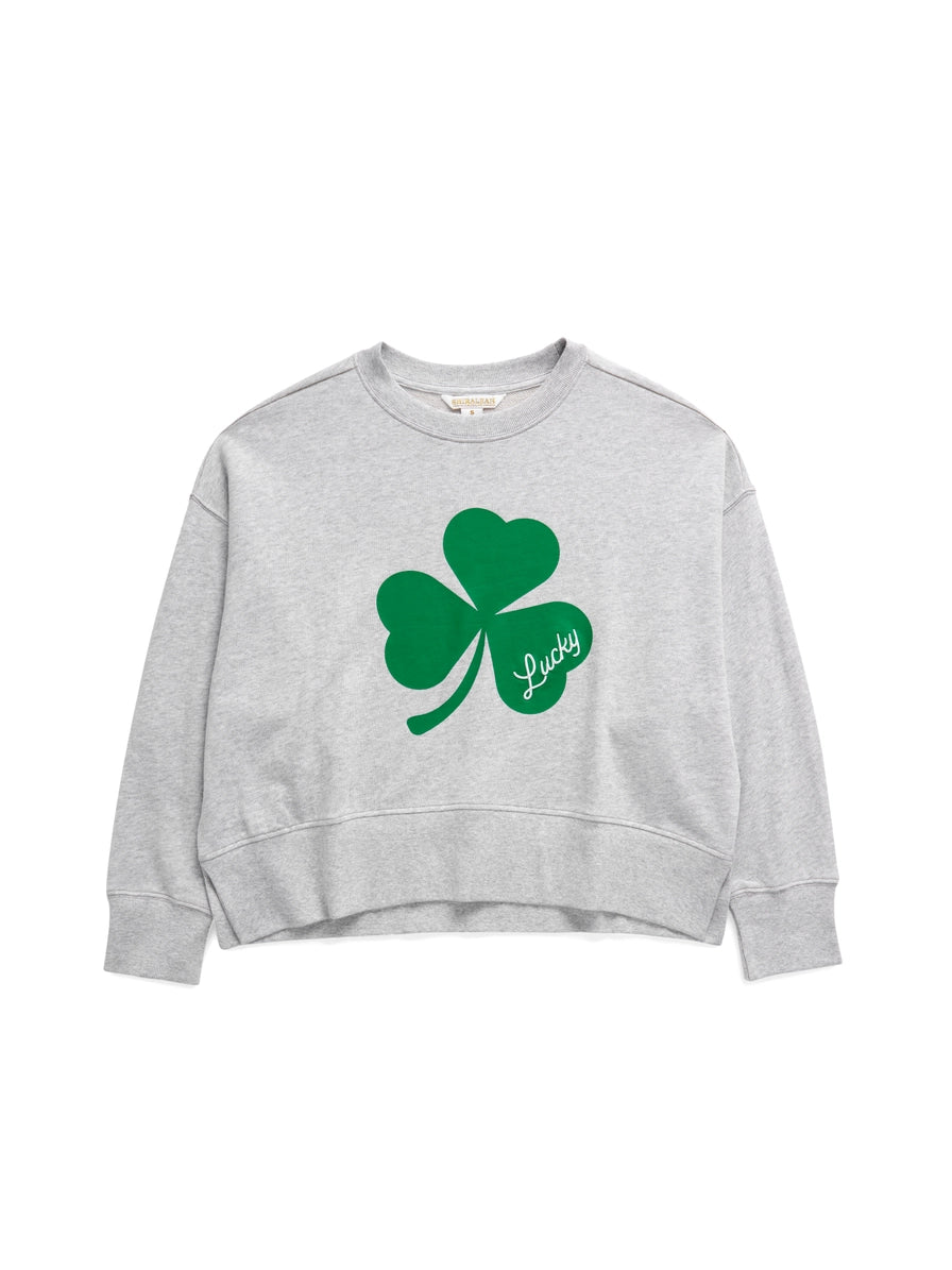 Gray sweatshirt with a green shamrock and 'Lucky' text on a white background