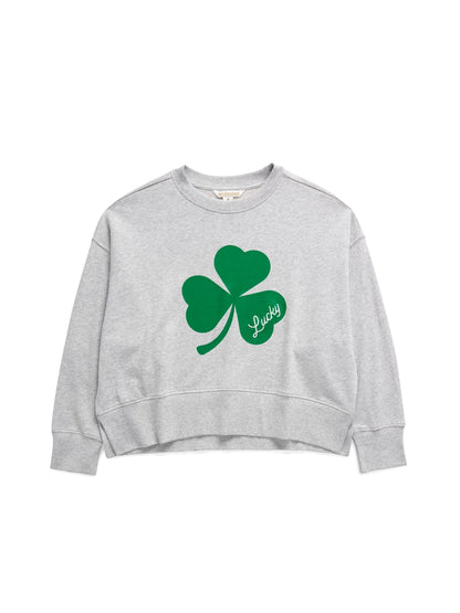 Gray sweatshirt with a green shamrock and 'Lucky' text on a white background