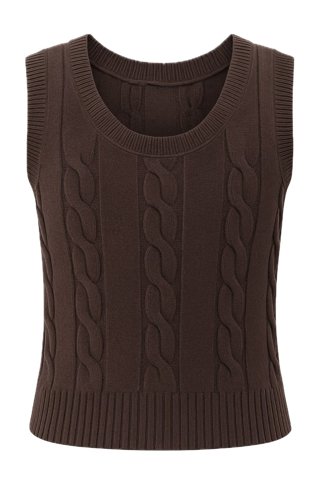 A sleeveless brown cable-knit sweater vest with a crew neck and ribbed hem, shown on a plain white background.