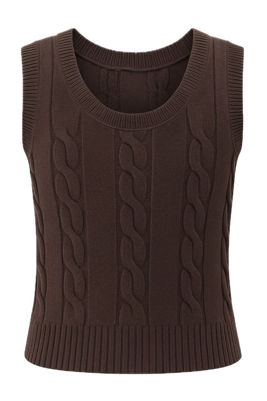 A sleeveless brown cable-knit sweater vest with a crew neck and ribbed hem, shown on a plain white background.