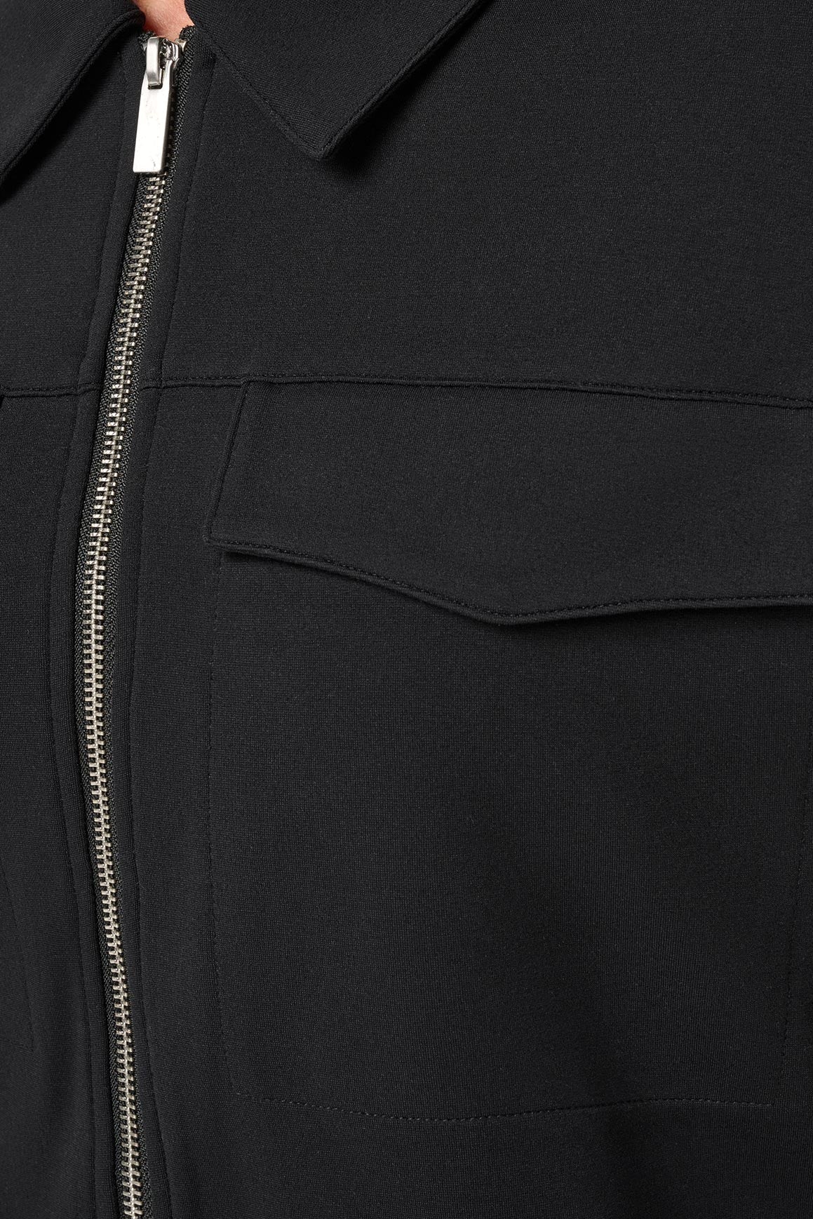 close up of black jacket zipper