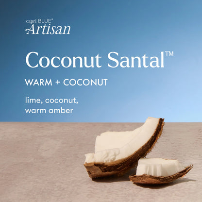 Capri Blue Artisan Coconut Santal soap with a blue background